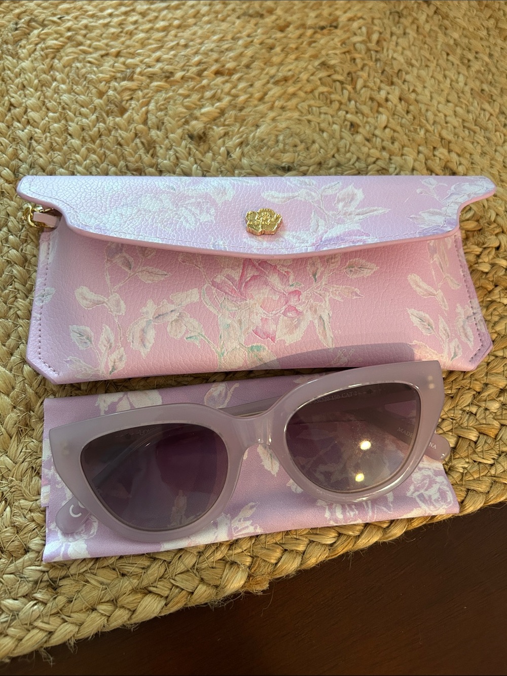 LoveShackFancy Pastel Pink Floral Cat-Eye Sunglasses with Matching Case